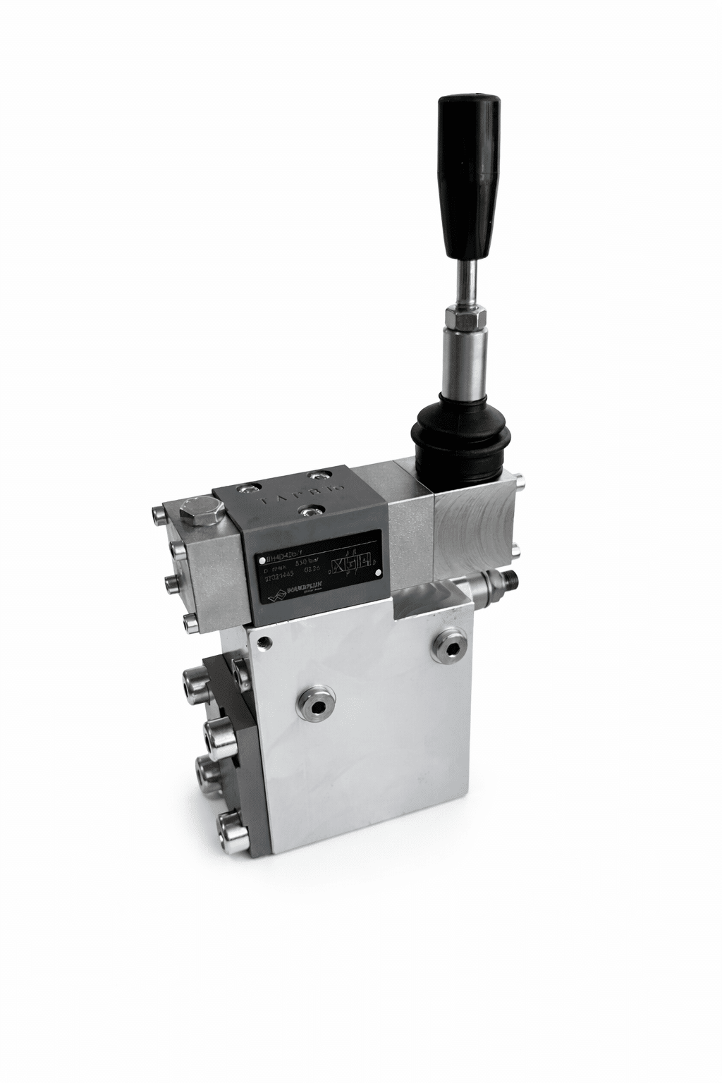 Hydraulic directional control valve with a manual lever handle.